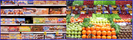 [pre-packaged junk foods in left photo, fresh produce in right photo]