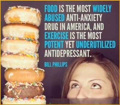 [Woman looks at tall stack of donuts. Accompanying quote: 'Food is the most widely abused anti-anxiety drug in America, and exercise is the most potent yet underutilized antidepressant. ' --Bill Philips]