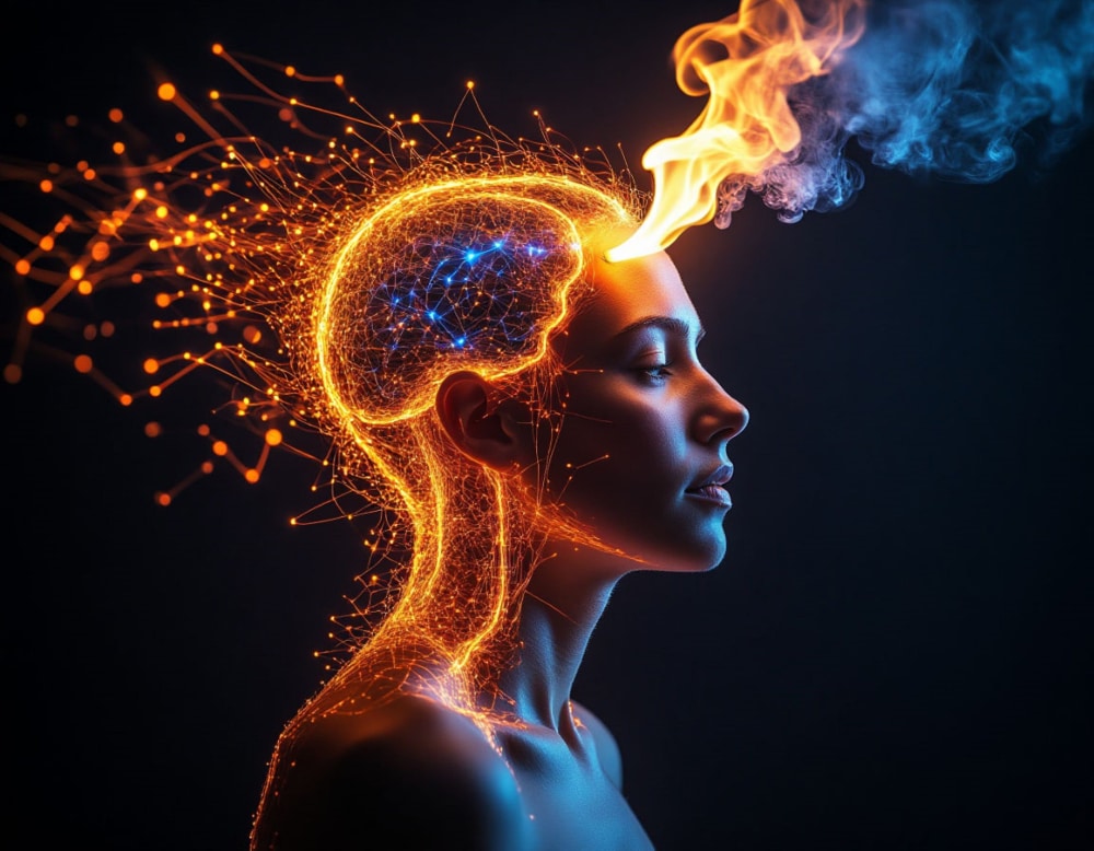 Conceptual image of female head with glowing brain on dark background